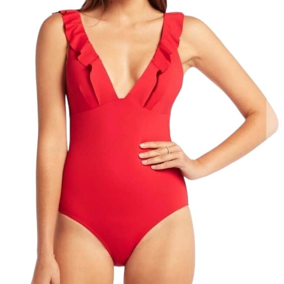 NEW Sea Level Essentials Frill One Piece Swimsuit - Red - Picture 1 of 11